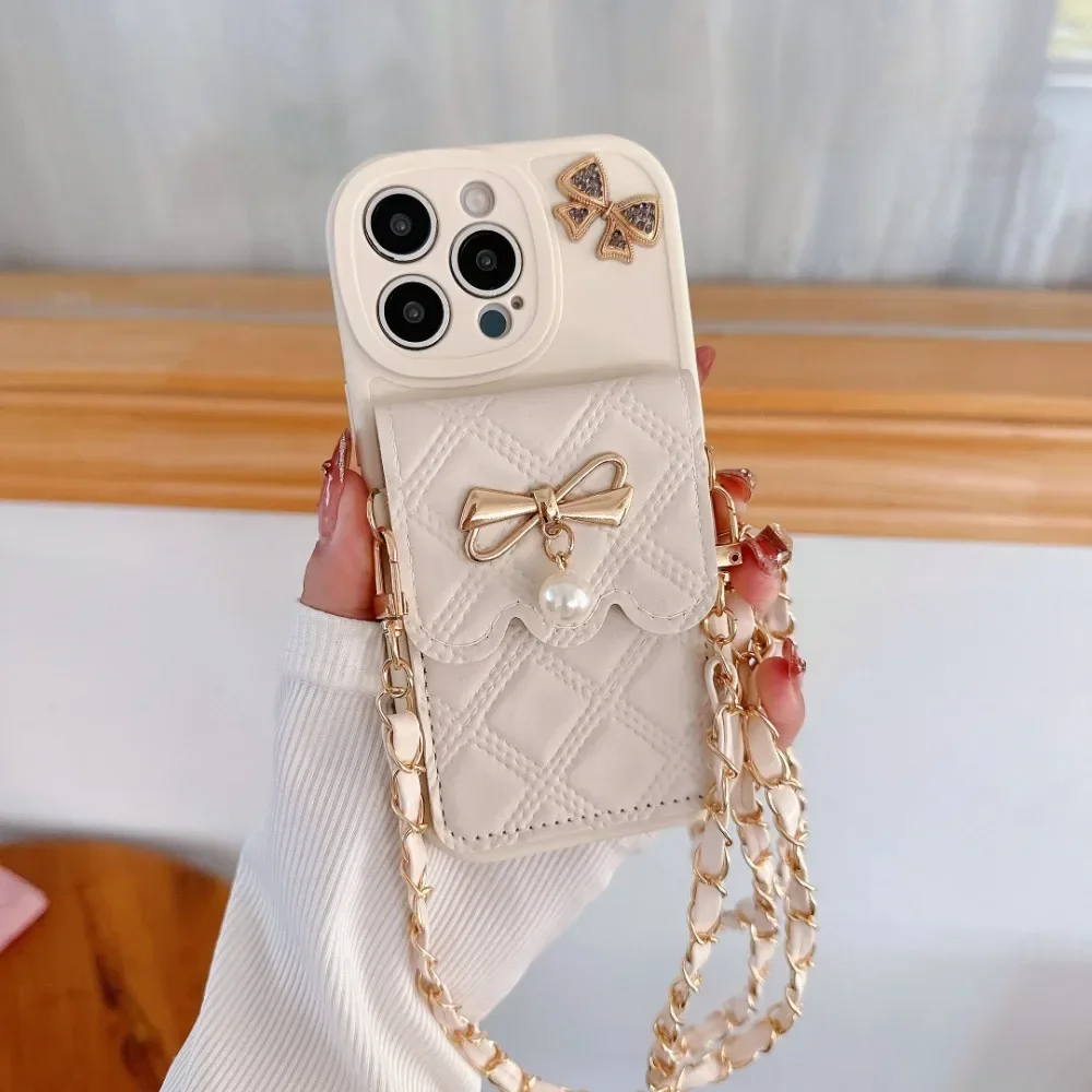 Leather Wallet Card Holder Phone Cover - 3D 리본 장식 크로스바디 카드 홀더